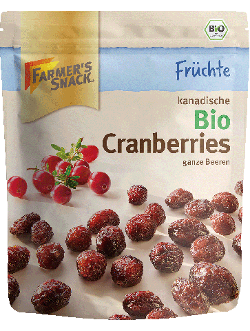 Freigestellte Verpackung von getrockneten Bio Cranberries 100g mit Farmer's Snack Logo und Bio-Siegel