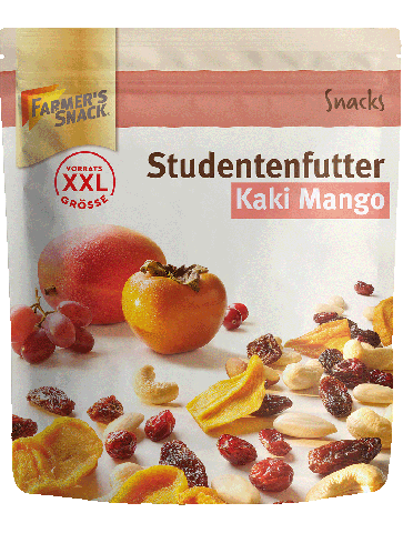 Freigestellte Verpackung von Studentenfutter Kaki Mango 300g mit Farmer's Snack Logo, XXL- und Vegan-Kennzeichnung