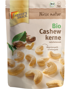 Freestanding packaging for organic cashew nuts, 150 g, with Farmer's Snack logo, vegan label and organic seal.