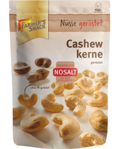 Freestanding packaging for NoSalt 150g cashew nuts with Farmer's Snack logo, Nosalt logo and vegan seal