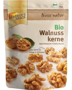 Freestanding packaging of organic walnut kernels 110g with Farmer's Snack logo, vegan and organic seal