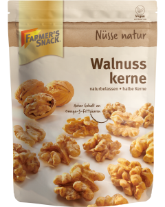 Freestanding packaging of walnut kernels 120g with Farmer's Snack logo and vegan label.