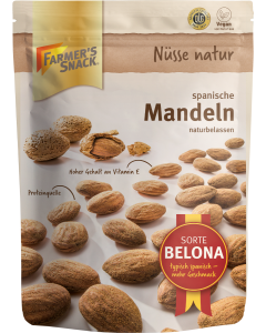 Freestanding packaging for natural Spanish almonds, 200 g, with Farmer's Snack logo, vegan and Belona variety labelling, and DLG logo.