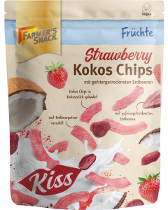 Freigestellte Verpackung von Strawberry Kokos Chips mit gefriergetrockneten Erdbeeren mit Vegan-Kennzeichnung