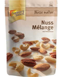 Freestanding packaging for nut mélange with pecans, 150 g, with Farmer's Snack logo and vegan label