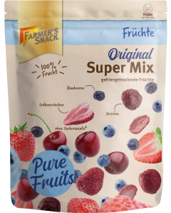 Freigestellte Verpackung von Super Mix gefriergetrocknete Früchte mit Vegan-Kennzeichnung