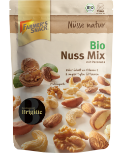 Freestanding packaging for Organic Nut Mix 150g with Farmer's Snack logo, vegan label and organic seal
