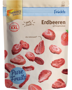 Freeze-dried strawberry slices in free-standing packaging with XXL, 100% fruit and vegan labeling.