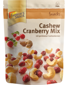 Freestanding packaging for Cashew Cranberry Mix 175g with Farmer's Snack logo and vegan label
