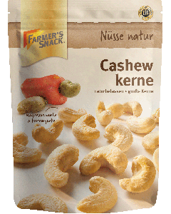 Freigestellte Verpackung von naturbelassenen Cashewkernen 175g mit Farmer's Snack Logo und DLG-Logo