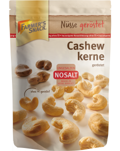 Freigestellte Verpackung von Cashewkernen NoSalt 150g mit Farmer's Snack Logo, Nosalt Logo und Vegan-Siegel