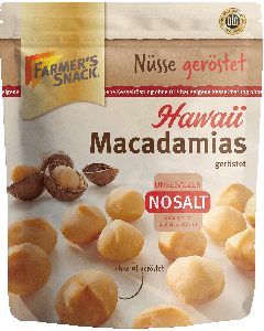 Freigestellte Verpackung von gerösteten Hawaii Macadamias NoSalt mit Farmer's Snack Logo, Vegan-Kennzeichnung