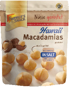 Freigestellte Verpackung von gerösteten Hawaii Macadamias InSalt mit Farmer's Snack Logo, Vegan-Kennzeichnung
