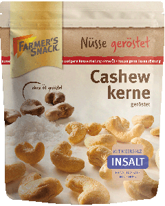 Freigestellte Verpackung von Cashewkernen InSalt 125g mit Farmer's Snack Logo, Insalt- und DLG-Logo