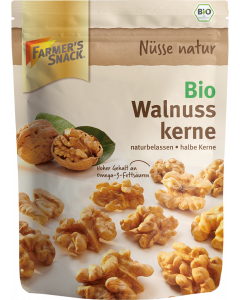 Freigestellte Verpackung von Bio Walnusskernen 110g mit Farmer's Snack Logo und Bio-Siegel