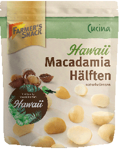 Freigestellte Verpackung von Cucina Hawaii Macadamia Hälften naturbelassen mit "Best Quality Macadamia from Hawaii"-Störer