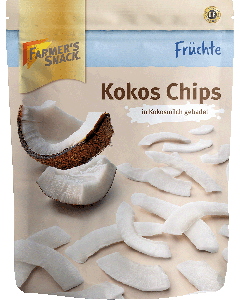 Freigestellte Verpackung von Kokos Chips 100g mit Farmer's Snack Logo