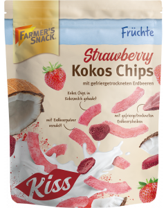Freigestellte Verpackung von Strawberry Kokos Chips mit gefriergetrockneten Erdbeeren mit Farmer's Snack Logo