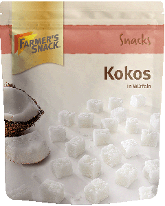 Freigestellte Verpackung von Kokos in Würfeln 100g mit Farmer's Snack Logo und Vegan-Kennzeichnung