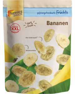 Gefriergetrocknete Bananenscheiben in freigestellter Verpackung mit XXL- und 100% Frucht-Kennzeichnung.