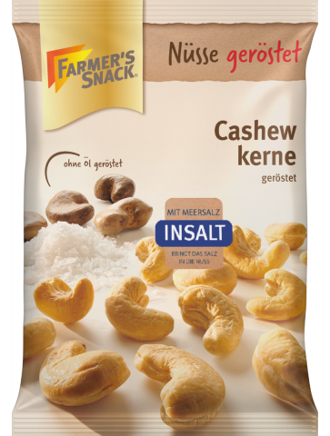 Freestanding packaging of cashew nuts InSalt 125g with Farmer's Snack logo, Insalt and DLG logo