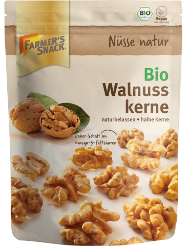 Freestanding packaging of organic walnut kernels 110g with Farmer's Snack logo, vegan and organic seal