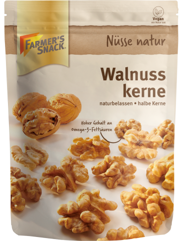 Opakowanie orzechów włoskich 120 g z logo Farmer's Snack i etykietą wegańską.