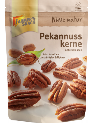Bolsa con base de 125 g con el logotipo de Farmer's Snack y etiquetado vegano