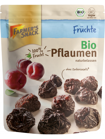 Bolsa con base de ciruelas deshidratadas ecológicas de 150 g con el logotipo de Farmer's Snack, etiquetado vegano y ecológico