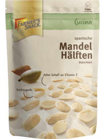 Freigestellte Verpackung von Cucina spanische Mandel Hälften blanchiert mit Vegan-Kennzeichnung