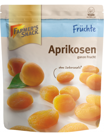 Opakowanie suszonych moreli 150 g z logo Farmer's Snack, bez dodatku cukru i z etykietą wegańską