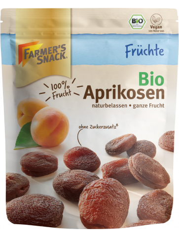 Freestanding packaging for dried organic apricots, 150 g, with Farmer's Snack logo, organic seal and vegan label.