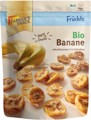 Bolsa con base de plátanos ecológicos deshidratados 150g con el logotipo de Farmer's Snack, sello ecológico y etiquetado vegano