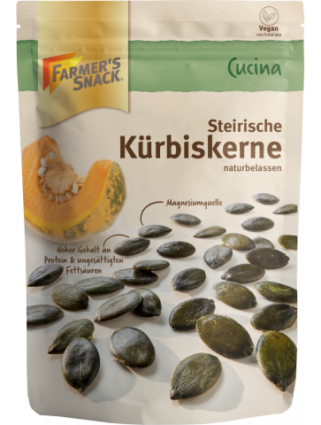 Opakowanie pestek dyni styryjskiej 200 g z logo Farmer's Snack i etykietą wegańską