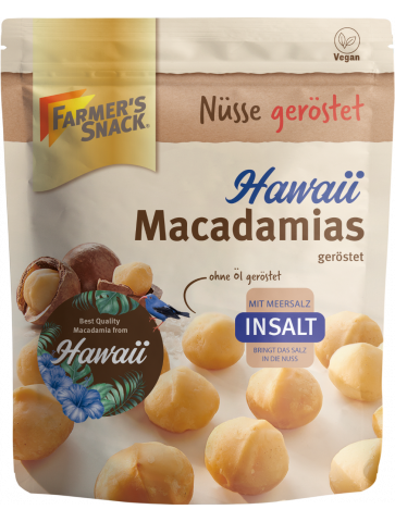Freestanding packaging for roasted Hawaiian macadamias InSalt with Farmer's Snack logo, vegan label