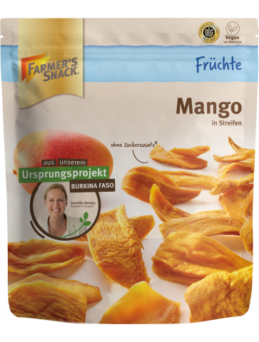 Opakowanie Mango 100 g z logo Farmer's Snack, logo DLG, etykietą wegańską i informacją o pochodzeniu