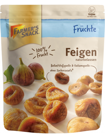 Freestanding packaging of dried figs 200g with Farmer's Snack logo, 100% fruit and vegan labelling