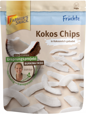 Exempted packaging of coconut chips 100g with Farmer's Snack logo and vegan labeling