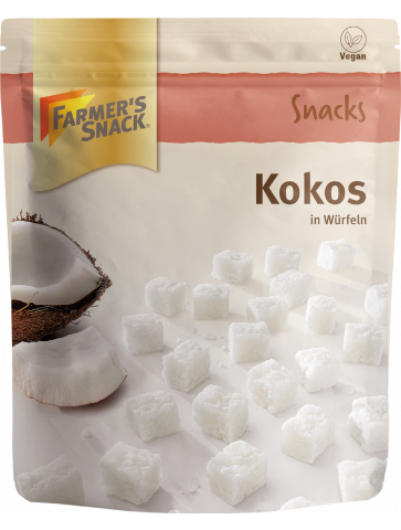 Opakowanie kokosa w kostkach 100 g z logo Farmer's Snack i etykietą wegańską