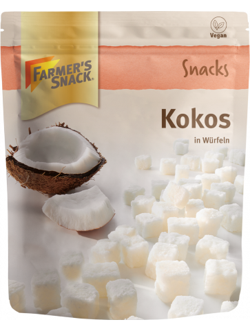 Freestanding packaging of coconut cubes, 100 g, with Farmer's Snack logo and vegan label