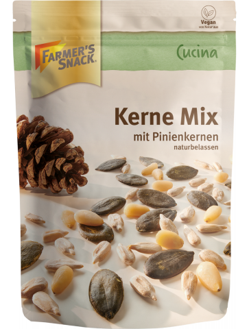 Freestanding packaging for Cucina seed mix consisting of sunflower seeds, pumpkin seeds and pine nuts, 150 g, with Farmer's Snack logo and vegan label.
