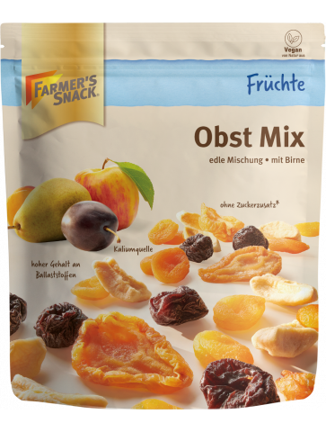 Bolsa con base de 200 g con mezcla de frutas deshidratadas con el logotipo Farmer's Snack, sin azúcares añadidos y etiquetado vegano