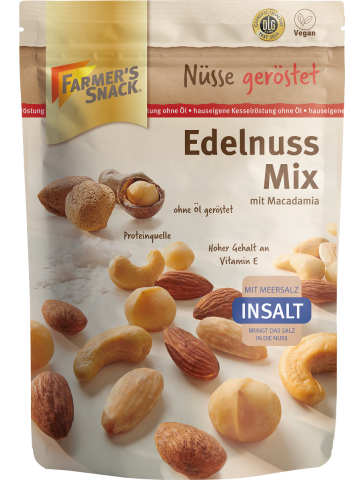 Opakowanie Szlachetna mieszanka orzechów InSalt z makadamią 150 g z logo Farmer's Snack, etykietą wegańską, logo Insalt i DLG