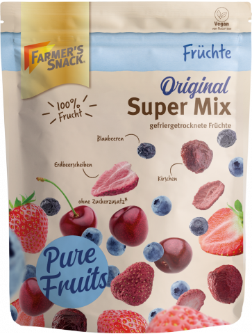 Freigestellte Verpackung von Super Mix gefriergetrocknete Früchte mit Vegan-Kennzeichnung