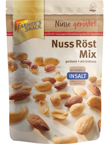 Opakowanie Nuss Röst Mix InSalt z orzeszkami ziemnymi 150 g z logo Farmer's Snack, logo Insalt i etykietą wegańską.