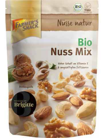 Bolsa con base de 150 g de Mezcla de Frutos Secos Ecológicos con el logotipo de Farmer's Snack, etiquetado vegano y sello ecológico
