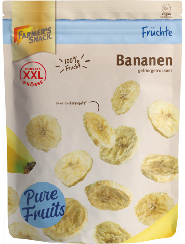 Gefriergetrocknete Bananenscheiben in freigestellter Verpackung mit XXL-, 100% Frucht- und Vegan-Kennzeichnung.