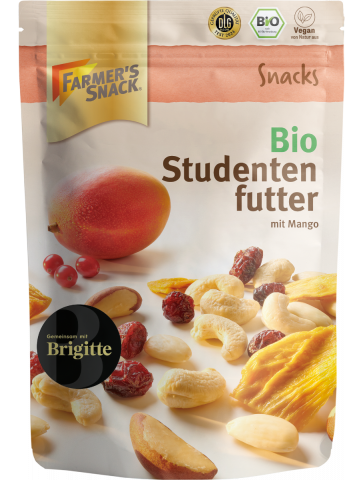 Freestanding packaging for organic trail mix with mango 150g with Farmer's Snack logo, organic seal, DLG logo and vegan label