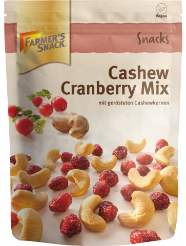 Bolsa con base de Mezcla de anacardos y arándanos rojos de 175g con el logotipo de Farmer's Snack y etiquetado vegano