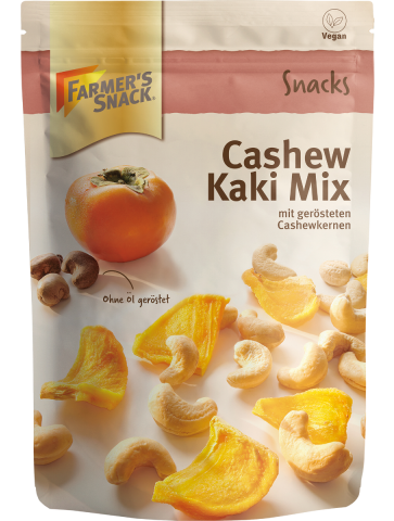 Opakowanie Mieszanka nerkowców z kaki 150 g z logo Farmer's Snack i etykietą wegańską